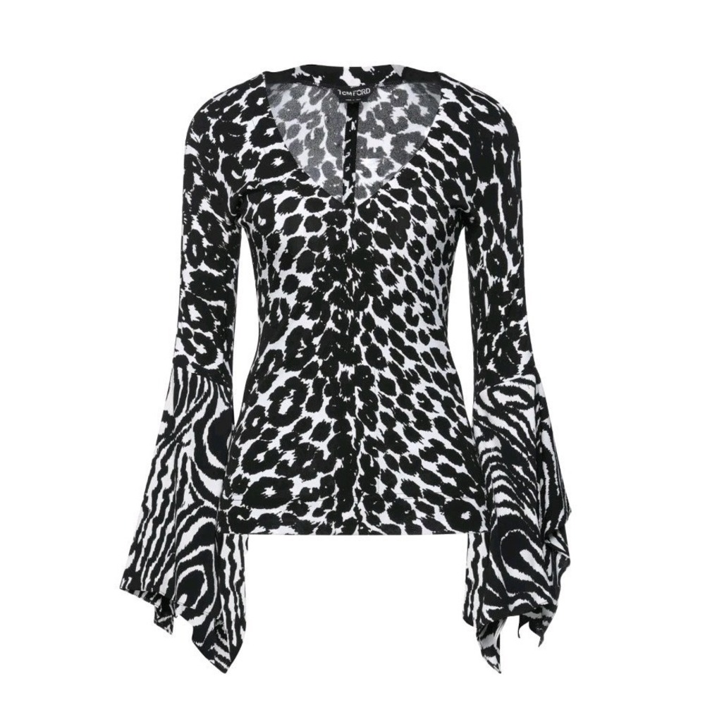 Tom Ford Women's Animal Print 100% Viscone V-Neck Ruffled Top Made in Italy NEW!
